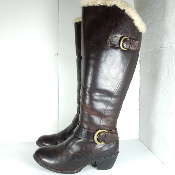 Born Women's Gita US8M Distress Brown Leather Wide Calf Shearling Riding Boots - Picture 2 of 16